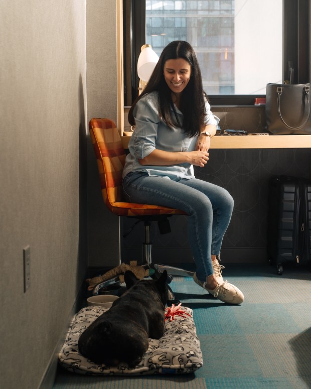 Handler Valentina Zupan and Vitellozzo, a French bulldog from Croatia who was driven to Budapest, flown to Warsaw and then to Chicago for another dog show before arriving via road trip for the Westminster show, at a hotel room in Queens, May 11, 2024. Some 25,000 of the world's top-ranked canines travel to New York for the Westminster Kennel Club Dog Show mostly by car and plane, and they don't exactly travel light. (Clark Hodgin/The New York Times)