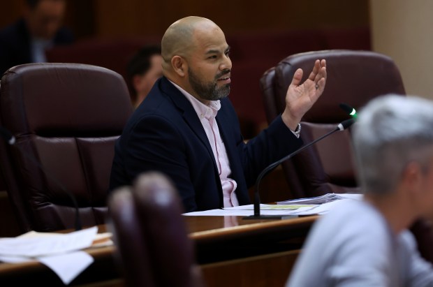 Ald. Andre Vasquez, 40th, questions CTA President Dorval Carter during a quarterly hearing on service at City Hall on May 30, 2024. (Chris Sweda/Chicago Tribune)