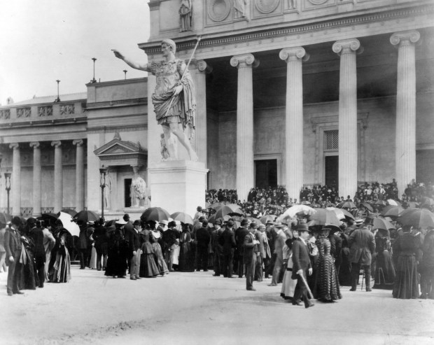 A year after the Field Museum was founded in 1893, crowds line up in Jackson Park for opening day on June 2, 1894. This was the museum's original home before it moved to its present location. (Field Museum photo)