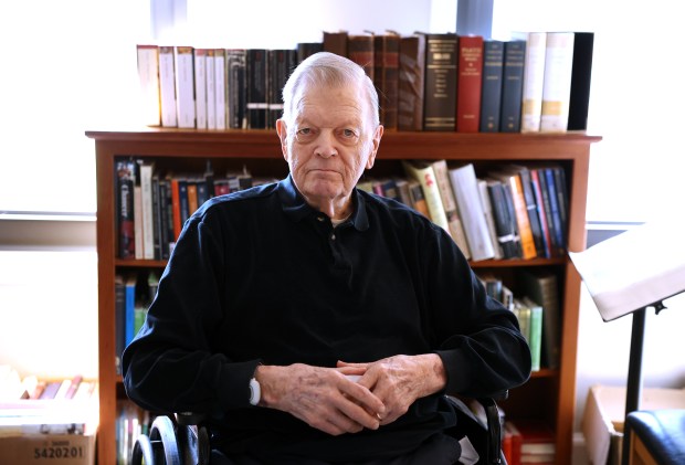 Portrait of historian and author Garry Wills, 90, at his home in Evanston on May 17, 2024. (Chris Sweda/Chicago Tribune)