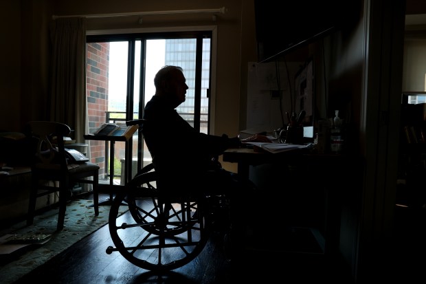 Portrait of historian and author Garry Wills, 90, at his home in Evanston on May 17, 2024. (Chris Sweda/Chicago Tribune)