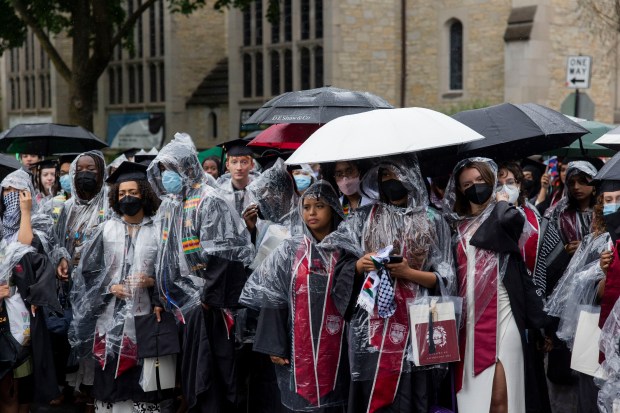 University of Chicago students gather after walking out of the university's convocation ceremony in support of Palestine on June 1, 2024, in Chicago. (Vincent Alban/Chicago Tribune)