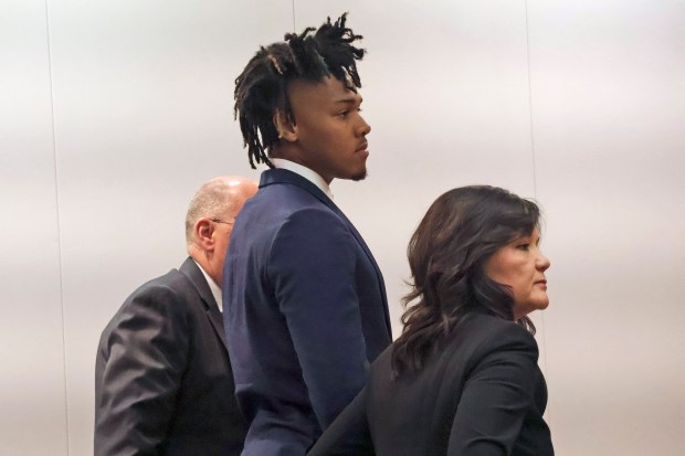 University of Illinois basketball player Terrence Shannon Jr. appears in court on May 10, 2024, in Lawrence, Kansas. A judge ordered him to stand trial on a rape charge. Shannon, 23, is accused of committing sexual assault on Sept. 9, in Lawrence. (Chris Conde/The Lawrence Journal-World)