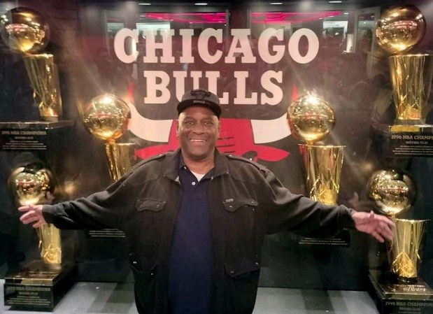 Lee Harris attends a Chicago Bulls game with his son, Jermaine Harris, in March 2023. (Jermaine Harris)