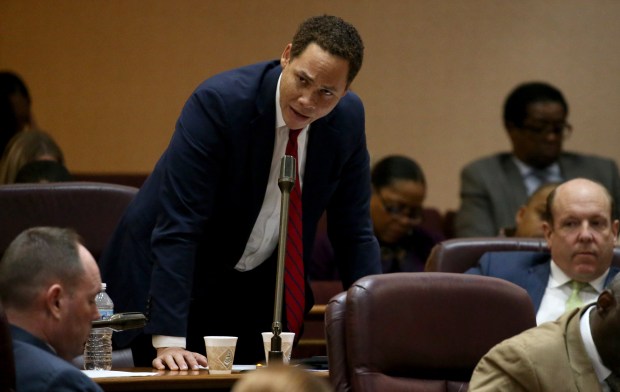 Ald. Matt Martin speaks during the City Council meeting on the budget plan at City Hall, on Nov. 26, 2019. Martin is one of the proponents of an ethics ordinance aimed at restricting lobbyists' donations to Chicago mayors. (Antonio Perez/ Chicago Tribune)