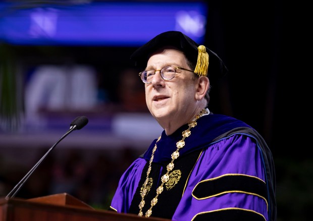 President Michael Schill speaks during Northwestern University's commencement on June 9, 2024, at the United Center. (Brian Cassella/Chicago Tribune)