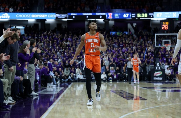 Illinois guard Terrence Shannon Jr. (0) walks up the floor in the second half of a game against Northwestern at Welsh-Ryan Arena in Evanston on Jan. 24, 2024. (Chris Sweda/Chicago Tribune)