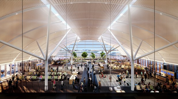 A rendering which shows a south end view inside the Satellite 1 concourse at O'Hare International Airport. (SOM and Norviska)