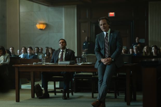 From left: O-T Fagbenle and Peter Sarsgaard in "Presumed Innocent." (Michael Becker/Apple TV+)