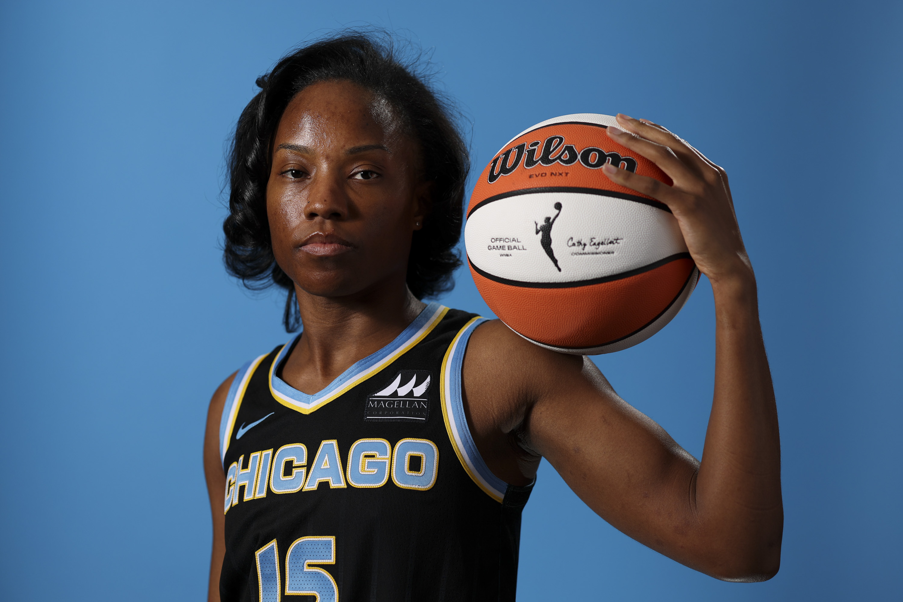 Chicago Sky guard Lindsay Allen on May 8, 2024, during media day at Wintrust Arena. (Eileen T. Meslar/Chicago Tribune)