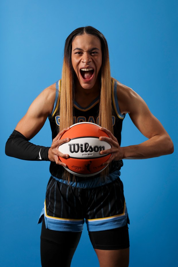 Chicago Sky guard Chennedy Carter on May 8, 2024, during media day at Wintrust Arena. (Eileen T. Meslar/Chicago Tribune)