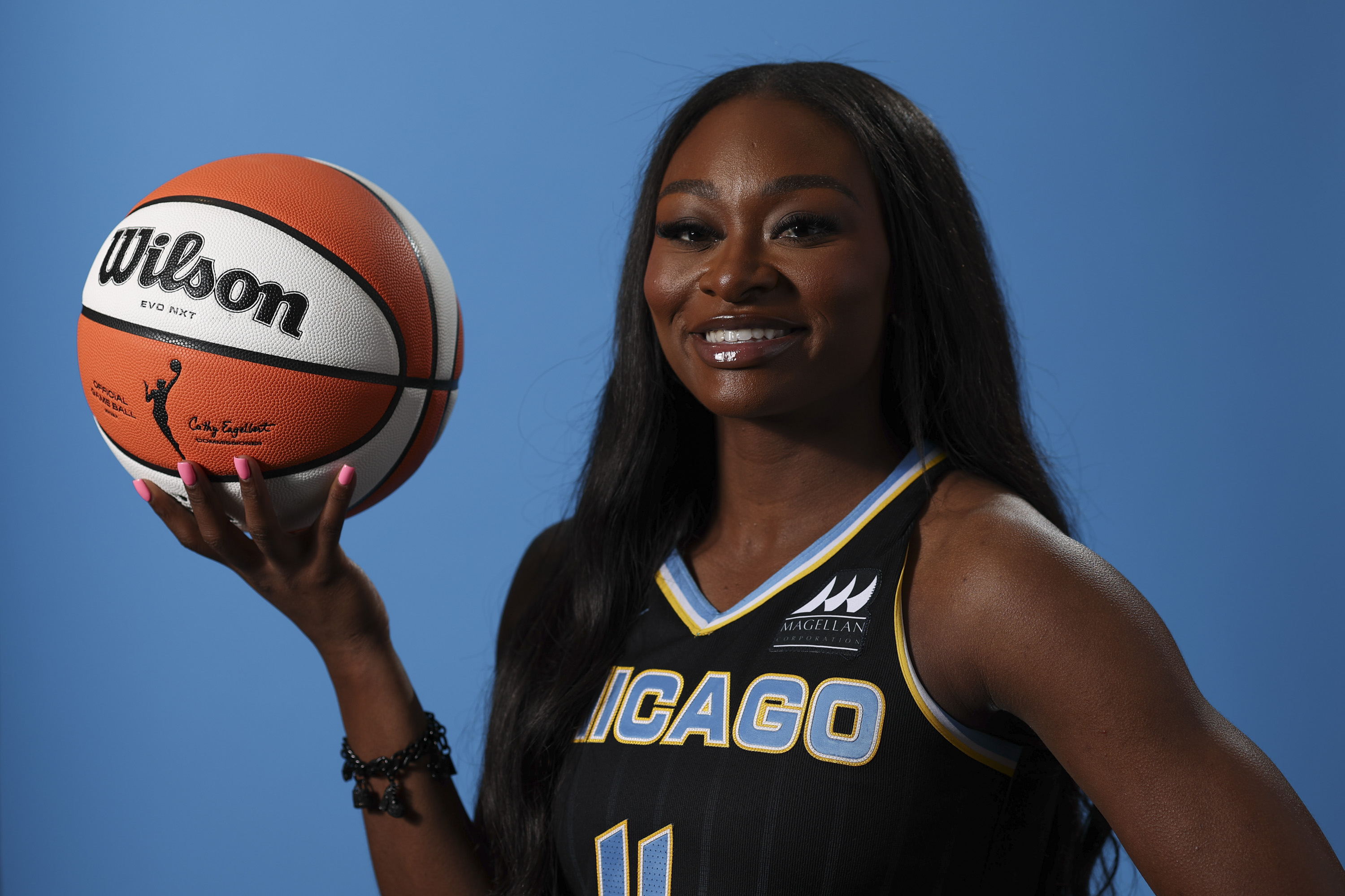 Chicago Sky guard Dana Evans on May 8, 2024, during media day at Wintrust Arena. (Eileen T. Meslar/Chicago Tribune)