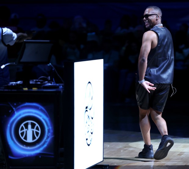 Musician Lupe Fiasco performs at half time of the Chicago Sky's home opener against the Connecticut Sun at Wintrust Arena in Chicago on May 25, 2024. (Chris Sweda/Chicago Tribune)