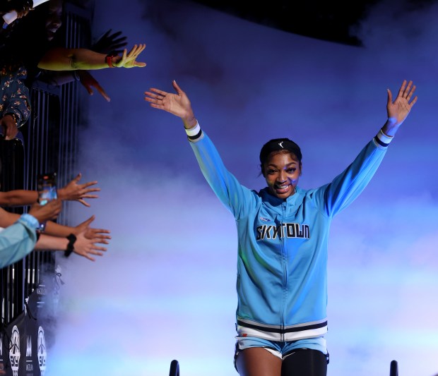 Chicago Sky forward Angel Reese (5) is introduced before the Sky's home opener against the Connecticut Sun at Wintrust Arena in Chicago on May 25, 2024. (Chris Sweda/Chicago Tribune)