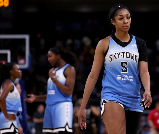 Chicago Sky forward Angel Reese (5) walks off the floor at the tail end of the Sky's loss in their home opener against the Connecticut Sun at Wintrust Arena in Chicago on May 25, 2024. (Chris Sweda/Chicago Tribune)