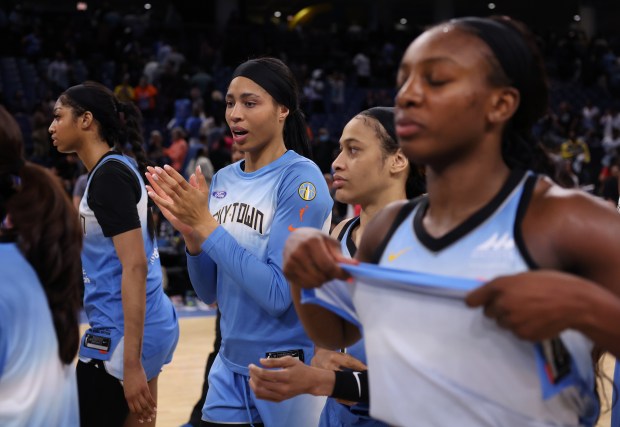 Chicago Sky players walk off the floor after a loss in their home opener to the Connecticut Sun at Wintrust Arena in Chicago on May 25, 2024. (Chris Sweda/Chicago Tribune)