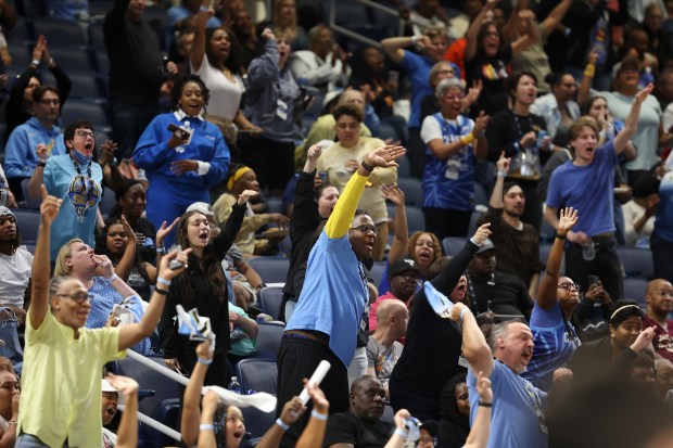 Chicago Sky fans say goodbye to Connecticut Sun forward Alyssa Thomas as she walks off the floor after being ejected in the second half of the Sky's home opener at Wintrust Arena in Chicago on May 25, 2024. (Chris Sweda/Chicago Tribune)