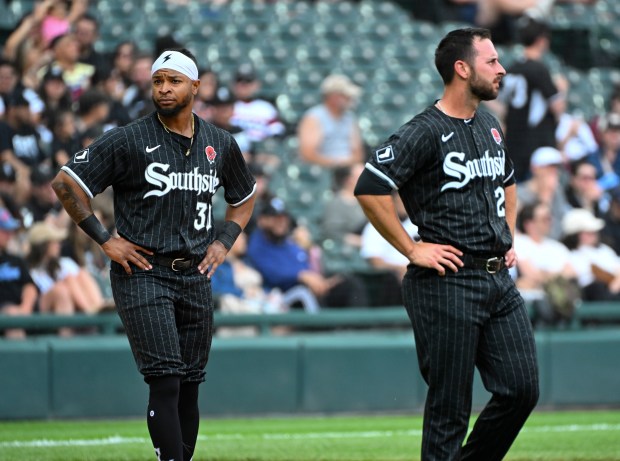 Corey Julks, left, and Paul DeJong of the White Sox react after the eighth inning against the Blue Jays on May 27, 2024, at Guaranteed Rate Field. (Nuccio DiNuzzo/Getty Images)