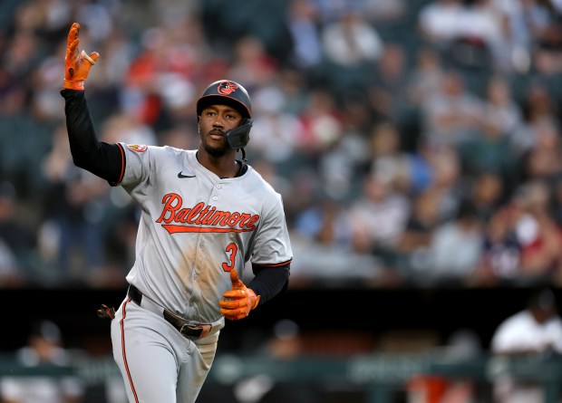 Baltimore Orioles second baseman Jorge Mateo (3) celebrates as he rounds the bases after hitting a 3-run home run in the fourth inning of a game against the Chicago White Sox at Guaranteed Rate Field in Chicago on May 23, 2024. (Chris Sweda/Chicago Tribune)