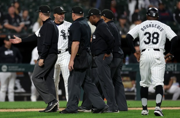 Chicago White Sox manager Pedro Grifol (5) argues with umpires after a Baltimore Orioles victory at Guaranteed Rate Field in Chicago on May 23, 2024. Grifol was arguing an interference call on Chicago White Sox baserunner Andrew Vaughn that ended the game. (Chris Sweda/Chicago Tribune)