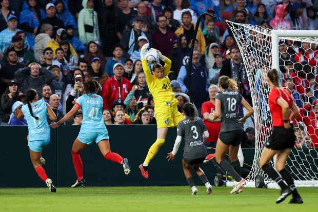 Bay FC goalkeeper Katelyn Rowland makes a save during the game against the Chicago Red Stars at Wrigley Field on June 8, 2024. (Eileen T. Meslar/Chicago Tribune)