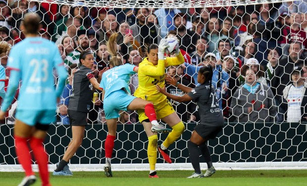 Bay FC goalkeeper Katelyn Rowland makes a save during the game against the Chicago Red Stars at Wrigley Field on June 8, 2024. (Eileen T. Meslar/Chicago Tribune)