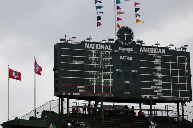 The scoreboard is set for the Chicago Red Stars game against Bay FC at Wrigley Field on June 8, 2024. (Eileen T. Meslar/Chicago Tribune)