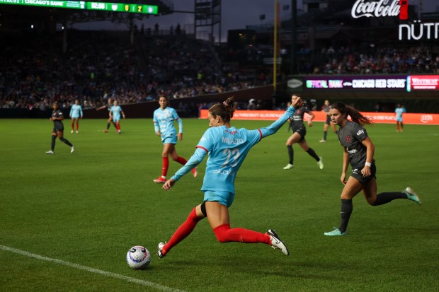 Chicago Red Stars defender Tatumn Milazzo (23) kicks the ball during their game against Bay FC at Wrigley Field on June 8, 2024. (Eileen T. Meslar/Chicago Tribune)