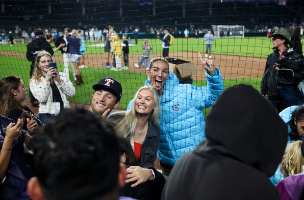 Chicago Red Stars defender Tatumn Milazzo poses with former Chicago Red Stars player Amanda Kowalski after the Chicago Red Stars hosted Bay FC for a game at Wrigley Field on June 8, 2024. (Eileen T. Meslar/Chicago Tribune)