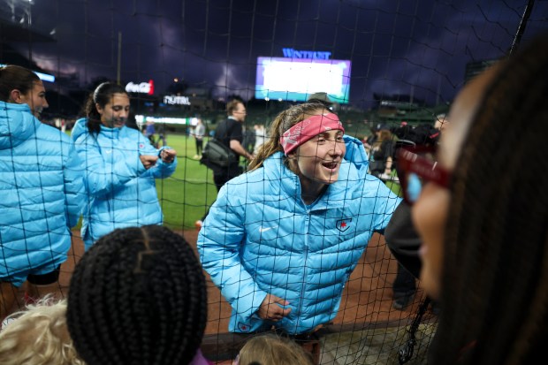 Chicago Red Stars forward Ally Schlegel speaks to fans after the Chicago Red Stars hosted Bay FC for a game at Wrigley Field on June 8, 2024. (Eileen T. Meslar/Chicago Tribune)