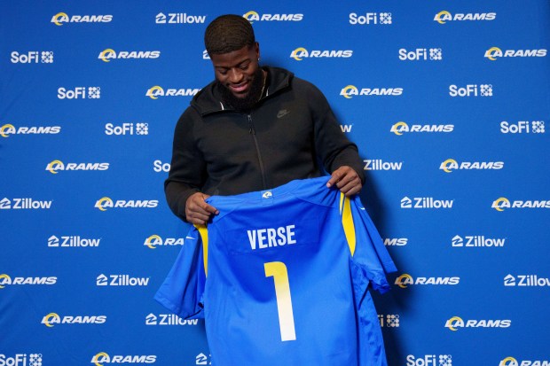 Los Angeles Rams first round draft pick Jared Verse is introduced during an NFL football news conference Friday, April 26, 2024, in Los Angeles. (AP Photo/Eric Thayer)