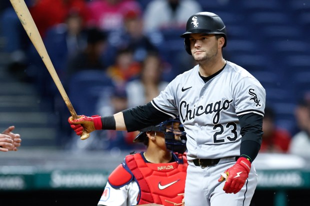 White Sox left fielder Andrew Benintendi reacts after striking out against the Guardians on April 10, 2024, in Cleveland. (Ron Schwane/AP)