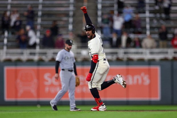 The Twins' Byron Buxton celebrates while running the bases after homering against the White Sox during the ninth inning on April 23, 2024, in Minneapolis. (AP Photo/Stacy Bengs)