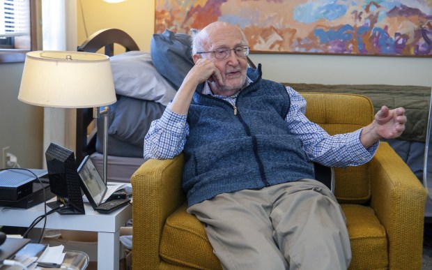 Dick Brauer, founder of the Brauer Museum of Art at Valparaiso University, pauses while speaking at Pines Village Retirement Communities in Valparaiso, Indiana Monday February 6, 2023. Brauer has said if the university plans to sell millions of dollars in artwork he wants his name removed from the museum. (Andy Lavalley for the Post-Tribune)