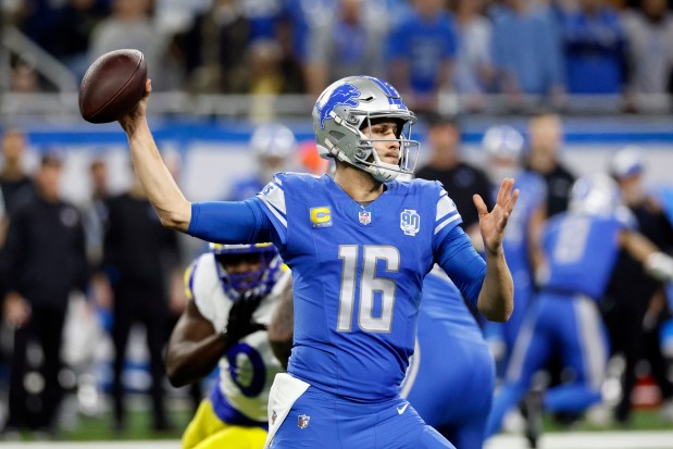 Detroit Lions quarterback Jared Goff throws during the first half against the Los Angeles Rams on Sunday, Jan. 14, 2024, in Detroit.