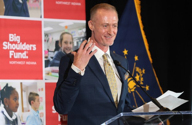 Bill Hanna, Executive Director of the Dean and Barbara White Family Foundation speaks to the crowd during a ceremony where The Dean and Barbara White Family Foundation, Big Shoulders Fund, and the Diocese of Gary is making a $150 million investment over ten years to sustain Catholic schools in Northwest Indiana on Wednesday, June 12, 2024. (John Smierciak/Post Tribune)