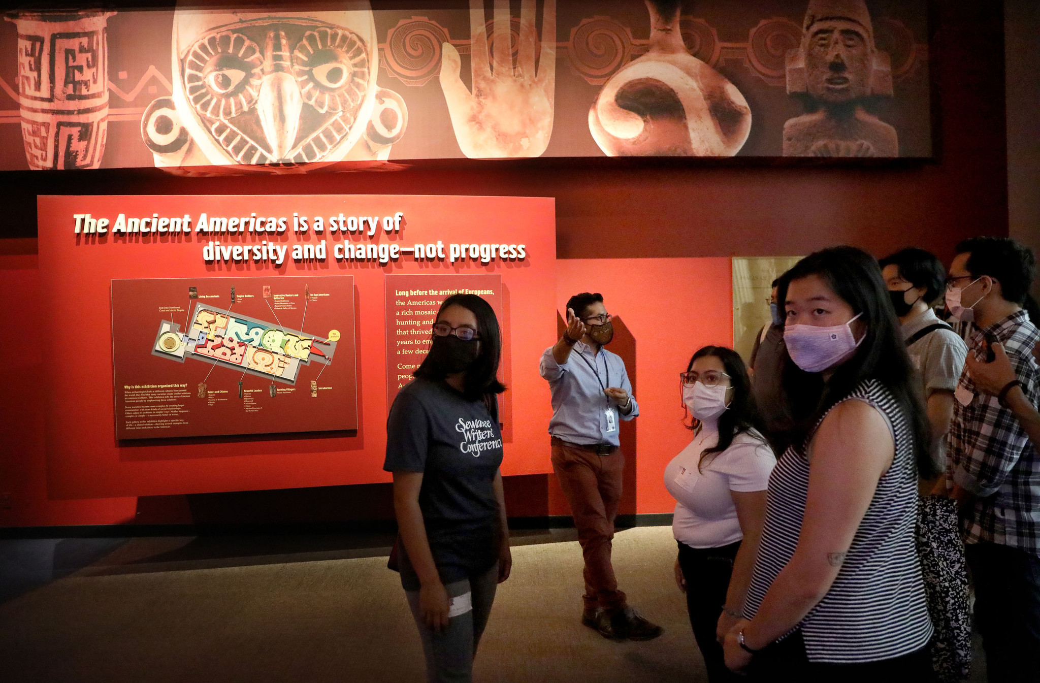 Luis Muro, second from left, a visiting scholar and postdoctoral researcher with the Field Museum, conducts a tour of the Ancient Americas exhibit with a group of university students at the Field Museum on Aug. 13, 2021. Luis Muro, second from left, a visiting scholar and postdoctoral researcher with the Field Museum, conducts a tour of the Ancient Americas exhibit with a group of university students at the Field Museum on Aug. 13, 2021.